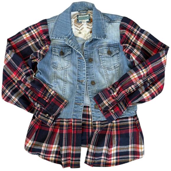 Upcycled Denim Plaid Jacket Star Patch Grunge Western Boho Fall Layer S Rustic - Picture 5 of 7